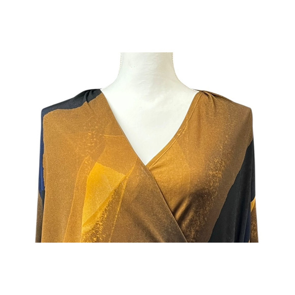 Clara Sun Woo Top Crossover Faux Wrap Size Large Mustard Navy Long Sleeve Work - Picture 3 of 9